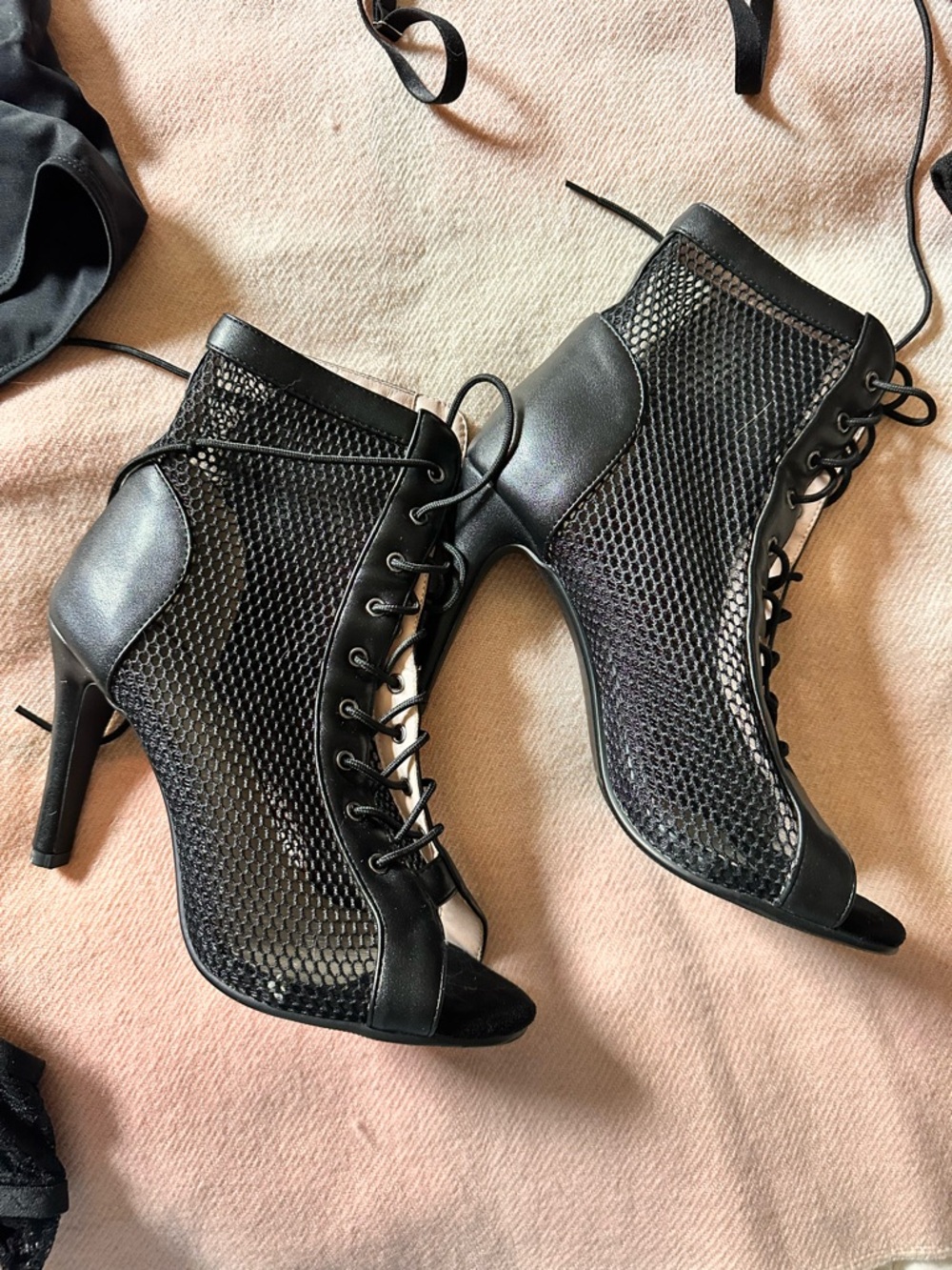 Women's Black Lace-Up Mesh Peep-Toe Heels